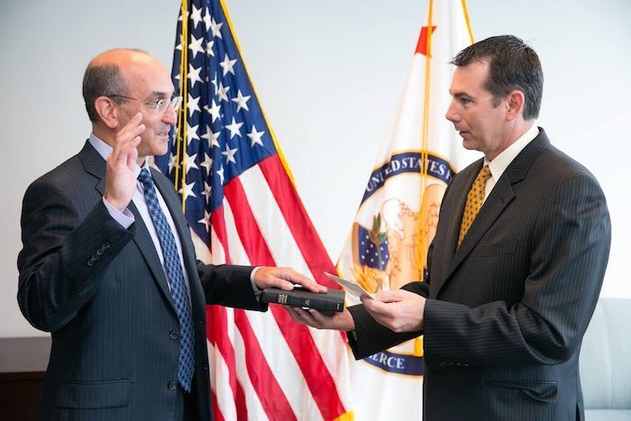 July 30, 2015: Drew Hirshfeld (left) sworn in as new Commissioner for Patents by USPTO Deputy Director Russ Slifer.